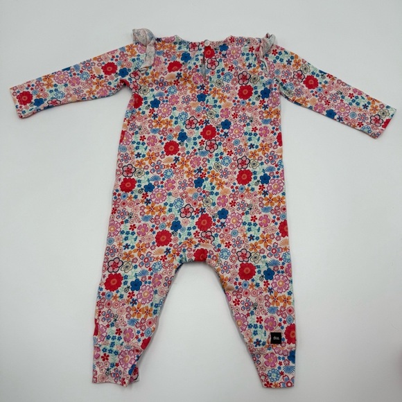 Tea Collection Baby Floral Ruffle Shoulder Romper 9-12 months w/ Cuffs Red Blue - Picture 4 of 8